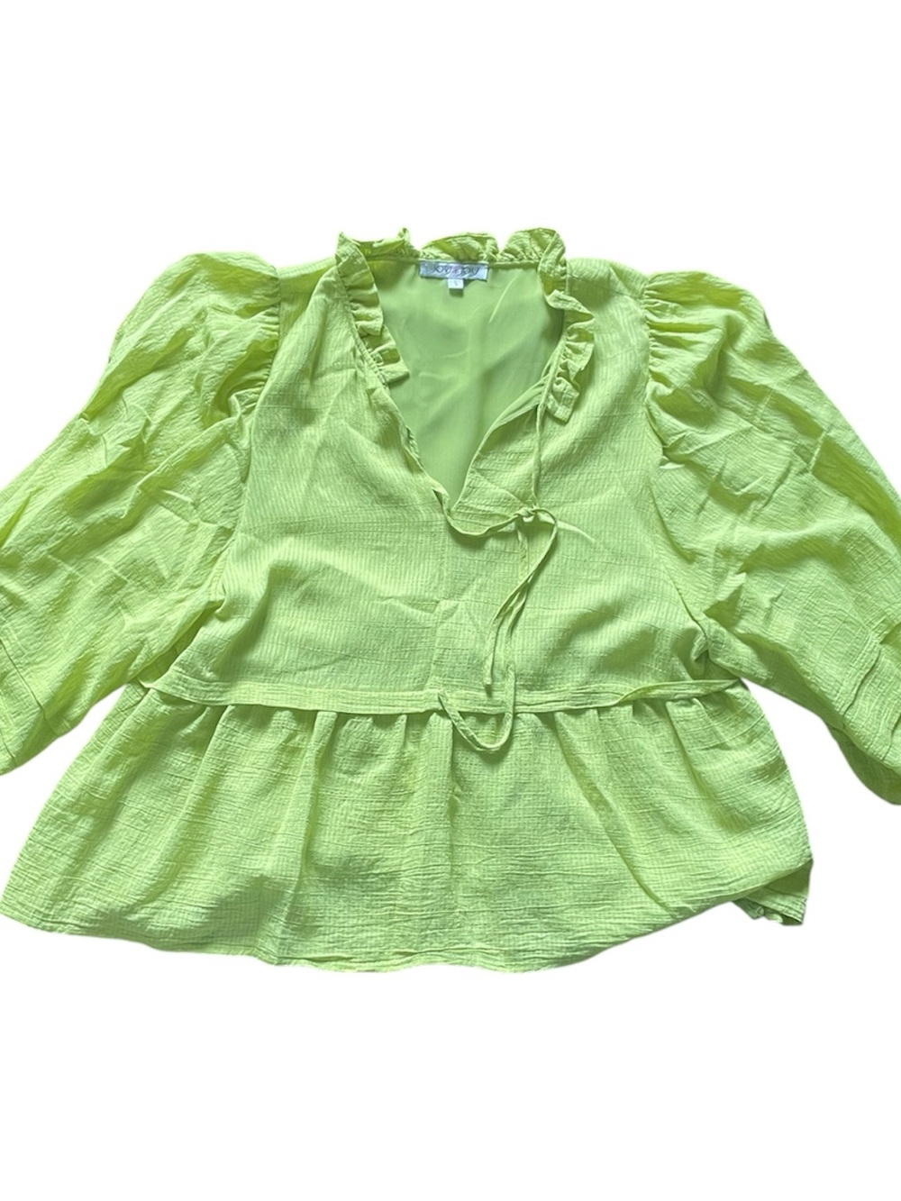 Joy Joy Lime Ruffle Peplum Puff Sleeve Blouse